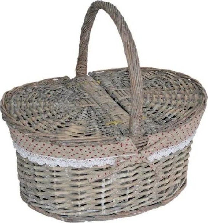 Piknikový košík proutěný s potiskem srdíček, šedá barva, rozměry 40x30 cm