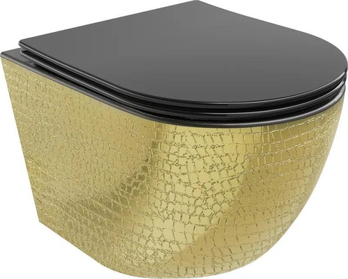 Mexen Lena WC mísa Rimless s pomalu padající deskou slim, duroplast, Černá mat/Zlatá vzor rybí kůže - 30224078