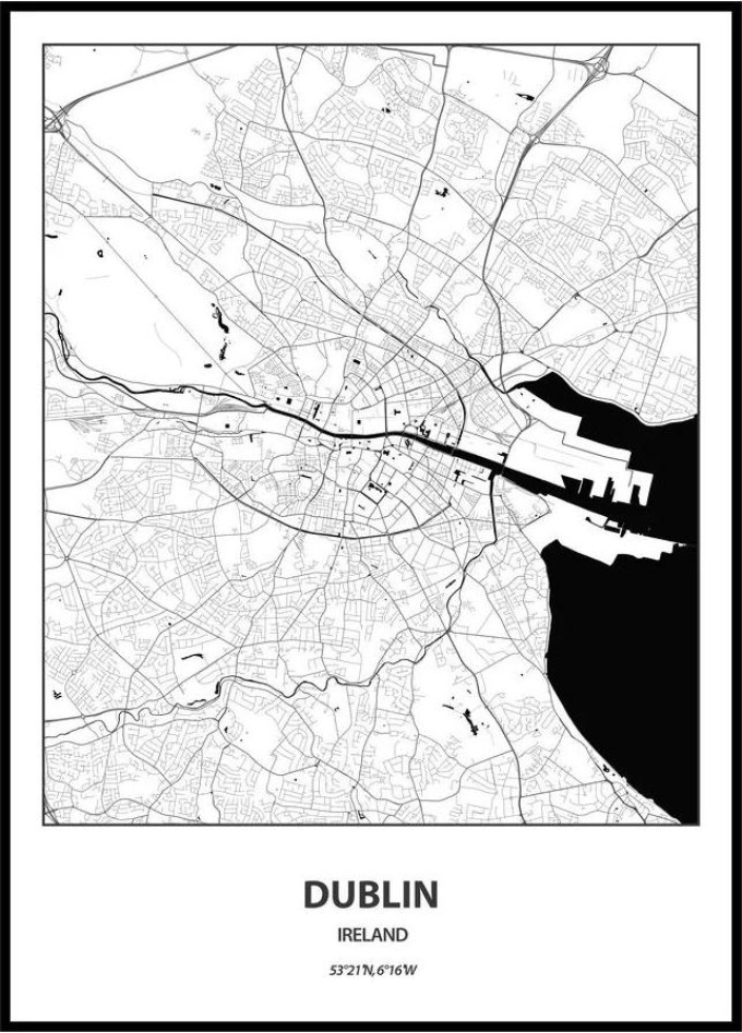 Plakát Mapa města (více variant měst) Rozměr plakátu: A4 (21 x 29,7 cm), Město: Dublin