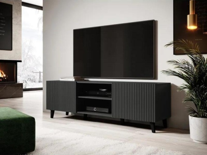 Moderní TV stolek Tilderi Grey 150 v antracitové barvě s minimalistickým vzhledem a bezúchytkovým systémem otevírání