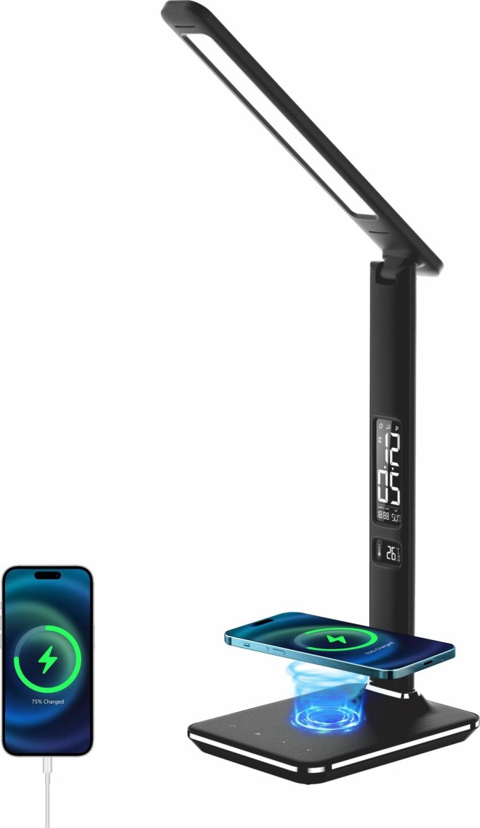 LED stolní lampička Immax KINGFISHER Qi černá s bezdrátovým nabíjením Qi a USB