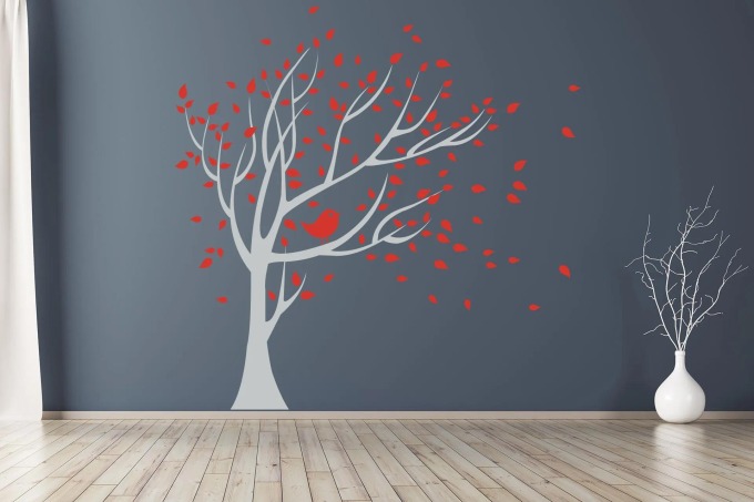 Lepy.cz Samolepka na zeď Strom s listy Kombinace barev: Světle šedivá + světle červená, Velikost kmene (bez listů): 158x186cm