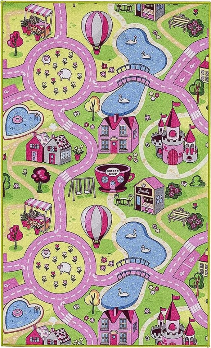 Kusový koberec SWEET TOWN 26 s motivem města a silnic, růžový a vícebarevný, 140 x 200 cm, vhodný pro dětský pokoj, odolný a tlumící hluk