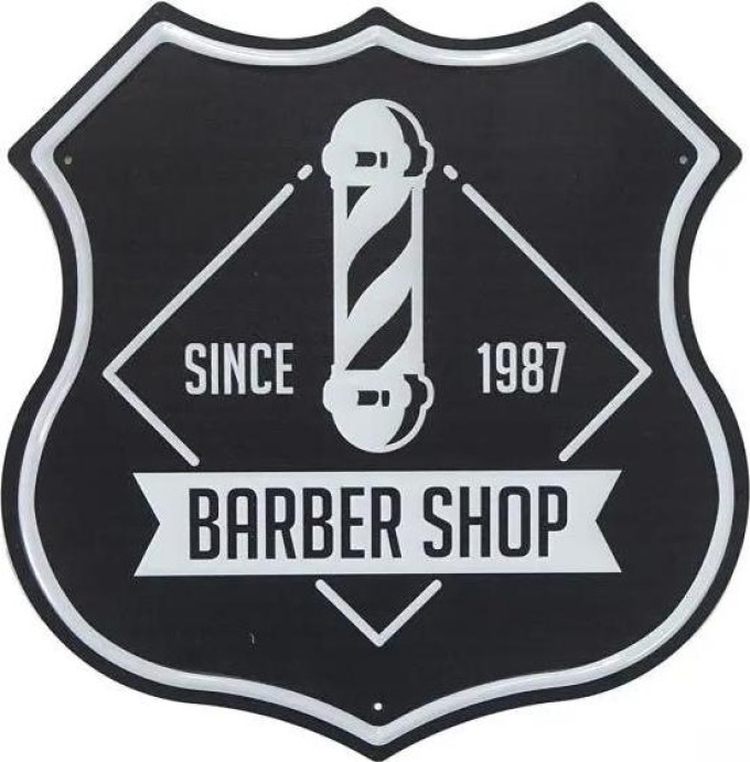 Kovová cedule ve tvaru štítu Barber Shop 4