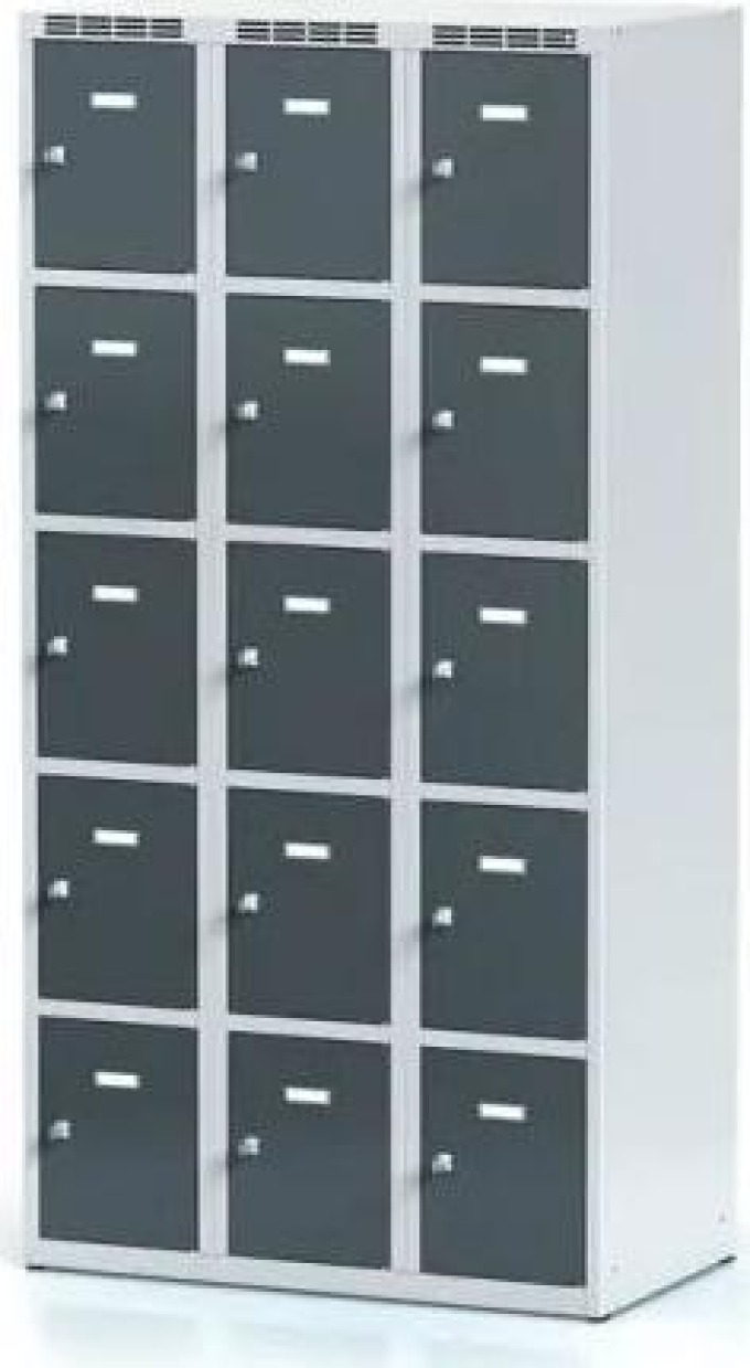 Alfa 3 Šatní skříňka s úložnými boxy, 15 boxů, tmavě šedé dveře, otočný zámek