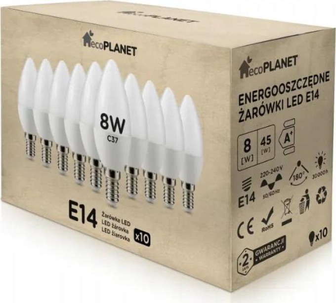 ecoPLANET 10x LED žárovka E14 svíčka 8W 700lm - teplá bílá