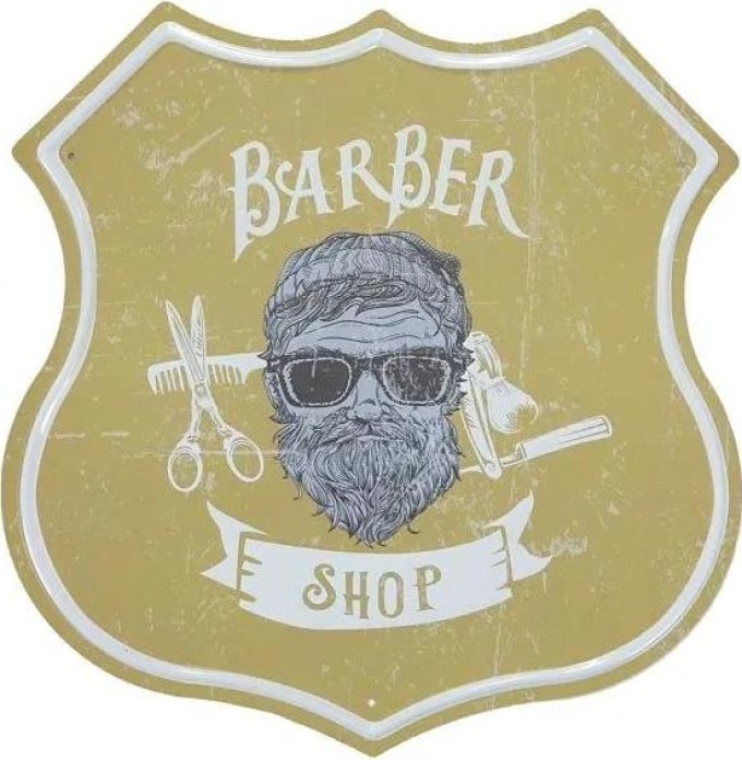 Kovová cedule ve tvaru štítu Barber Shop 7