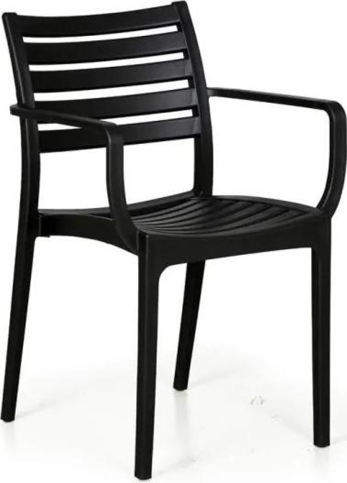 Moderní plastová židle s jednoduchým designem, vhodná pro venkovní i vnitřní prostory, ideální pro kavárny, bistra a restaurační zahrádky, s područkami a nosností 140 kg, vyrobená z polypropylenu
