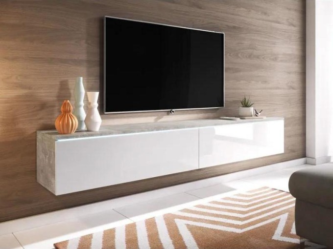 Velkorozměrný závěsný TV stolek s LED osvětlením a moderním designem
