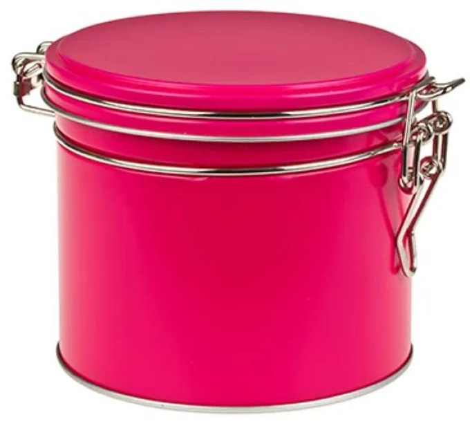 Hermetická plechová dóza v růžové barvě pro uchování 150 g čaje nebo kávy, s rozměry průměr 10,1 cm a výška 9 cm