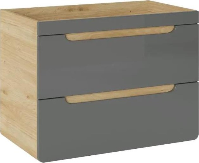 Závěsná skříňka pod umyvadlo - ARUBA 821 agave, šířka 80 cm, jackson hickory/lesklá šedá: Moderní závěsná skříňka pod umyvadlo s 2 zásuvkami a elegantními úchyty v dekoru dřeva a lesklé šedé barvě