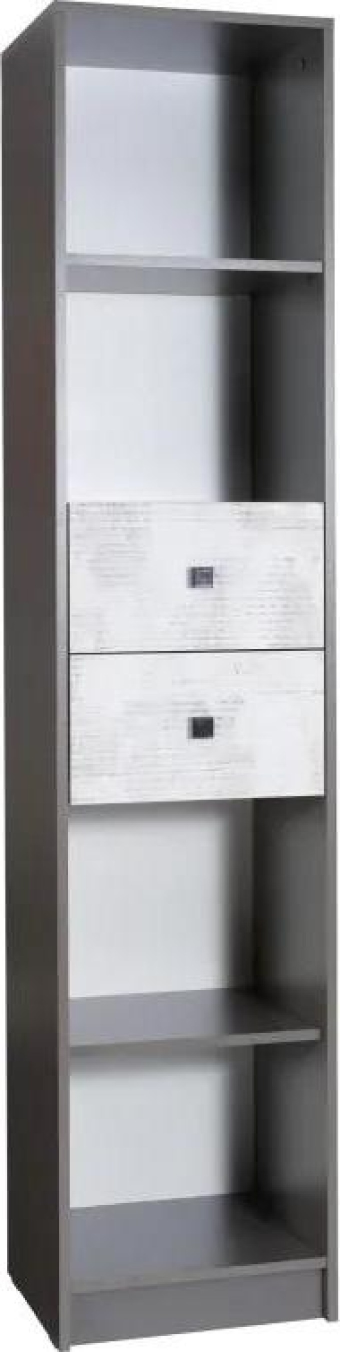 Knihovna TOMMY 6, vyrobena z kvalitního lamina v kombinaci šedé a bílé barvy, s plastovými úchytky v šedé barvě