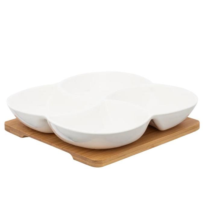 Altom Porcelánový set na pochutiny na bambusovém podnosu Regular, 22 x 22 x 4,5 cm