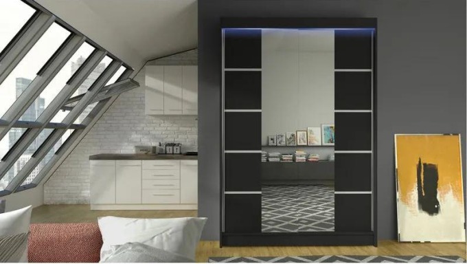 Posuvná skříň Parys V, Barva: černá + černá + zrcadlo, Osvětlení: osvětlení LED RGB - barevné