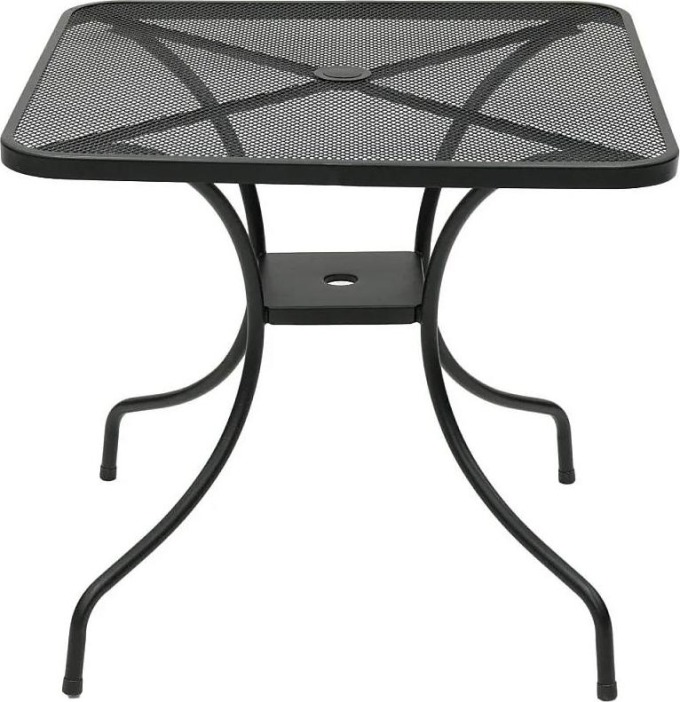 Čtvercový kovový stůl o délce strany 80 cm, černé barvy, s otvorem na slunečník