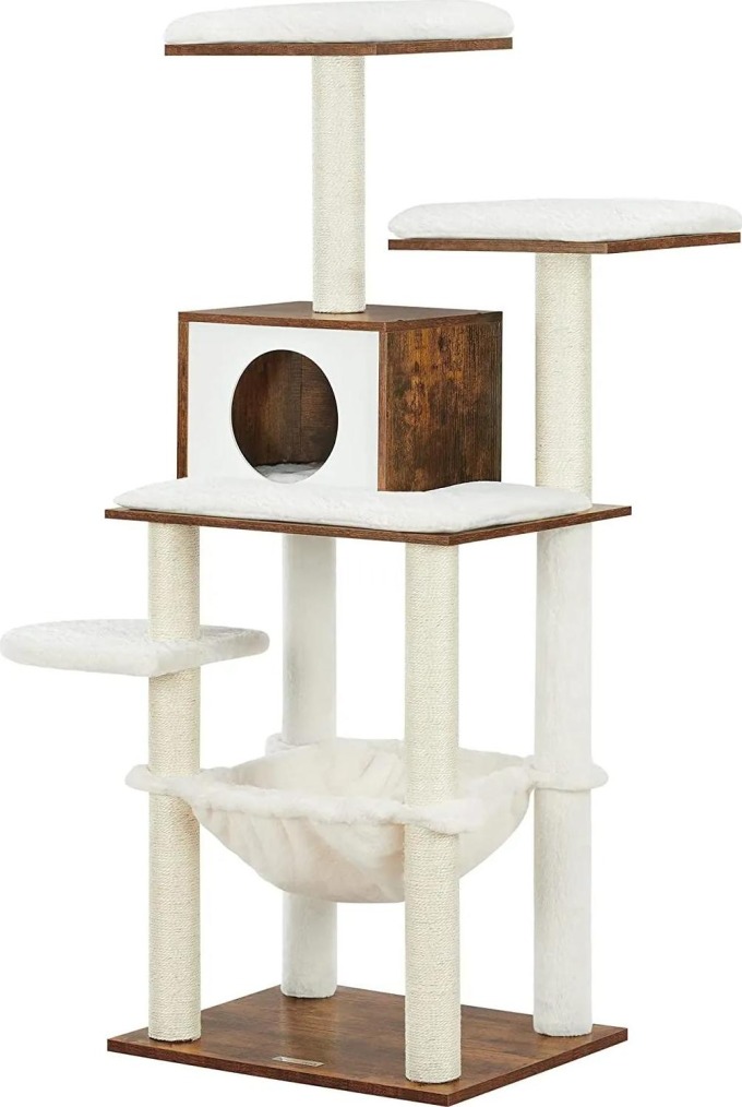 Kočičí škrabadlo Saalfeld, Rustikální hnědá, 138 cm, moderní nábytek pro kočky s vícepatrovým škrabadlem, domečkem, houpací sítí, plošinami a měkkým plyšovým polštářem