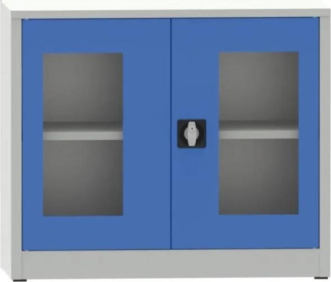 Kovona Svařovaná policová skříň s prosklenými dveřmi, 800 x 950 x 600 mm, šedá/modrá