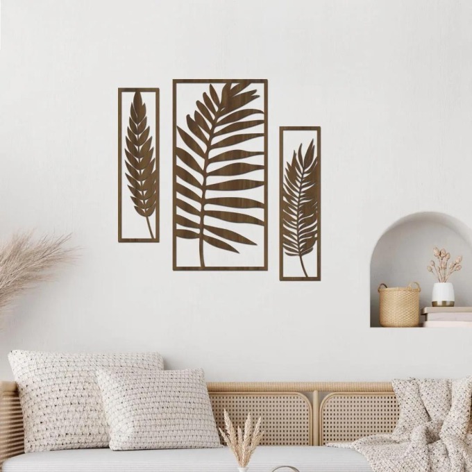 Dřevěné dekorace listů ve velikosti 40x40 cm, barevné provedení ořech, které dodají vášmu obývacímu pokoji jedinečnou atmosféru