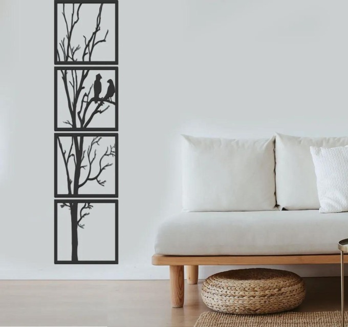 Dřevěný obraz PTAČÍ STROM - barevný vzor černá, rozměry 40x160 cm, přineste kousek přírody do vašeho domova