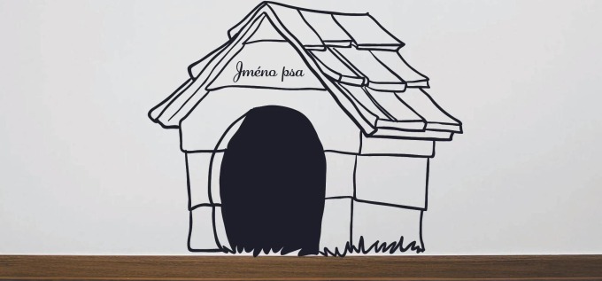 Lepy.cz Samolepka na zeď Psí bouda + jméno pro psa Velikost (šířka x výška): l40x113cm, Barevná varianta: Bílá