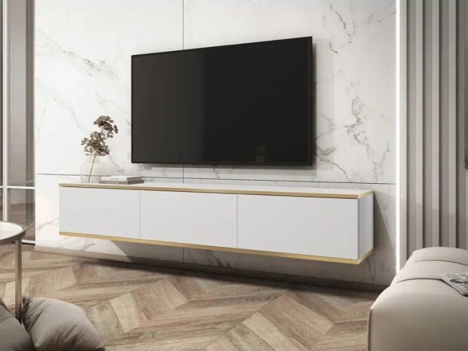 TV stolek s moderním designem a bílo-zlatými detaily, které dodávají eleganci a moderní výraz do vašeho obývacího pokoje