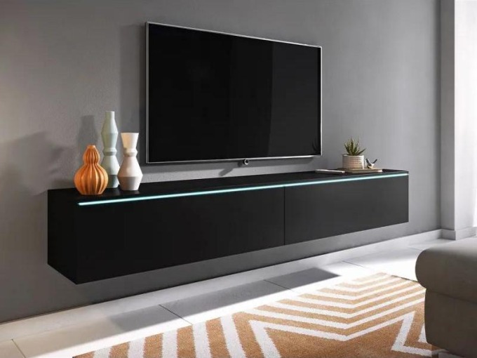 Velkorozměrný závěsný TV stolek Dlone 180 černého grafitového provedení s možností osvětlení