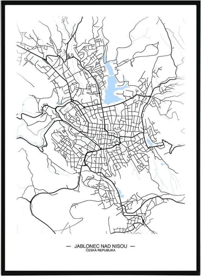 Jablonec nad Nisou - 50x70 cm Obraz: Trendy černobílá mapa s jemnými modrými akcenty vody, tištěná na profesionálním fotografickém papíře se saténovým povrchem o vysoké gramáži 300 g