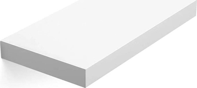 Nástěnná polička Rezan v bílé barvě s délkou 40 cm a nosností 10-15 kg, ideální pro prezentaci obrázků, knih, dekoračních předmětů, CD, koření atd