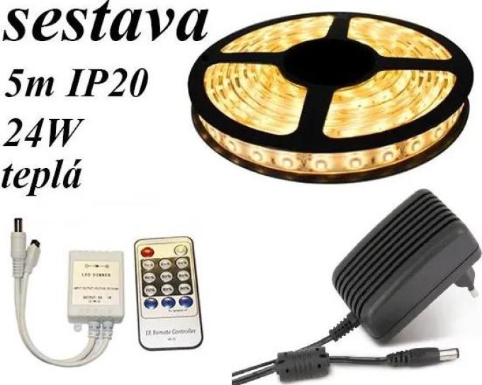 ECOLIGHT LED pásek - 5m - 60LED/m - 4,8W/m - IP20 - 1600Lm - teplá bílá + stmívač IR + zdroj - SADA