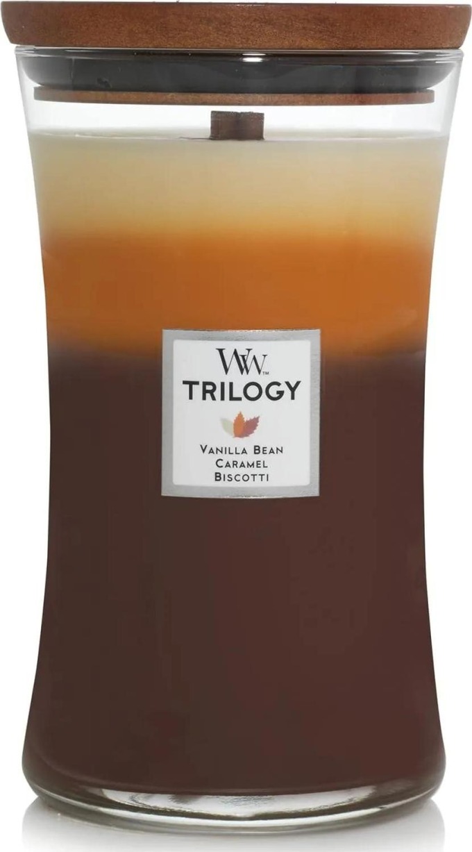 WoodWick vonná svíčka s dřevěným knotem velká Trilogy Cafe Sweets 609 g