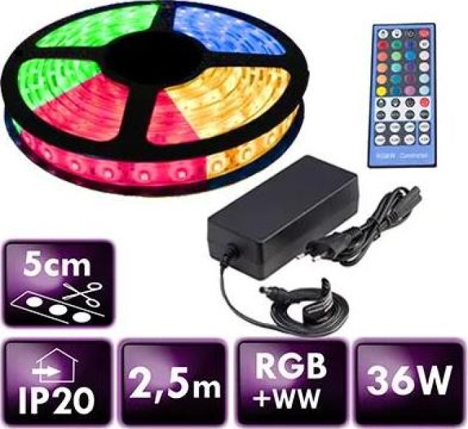 BERGE LED pásek - RGB+WW - SMD 5050 - 2,5m - 60LED/m - 14,4W/m - 1400L - IP20 - SADA