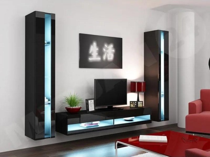 Obývací stěna Zigo New III, Osvětlení: osvětlení LED - modré, Barva: černý / černý lesk