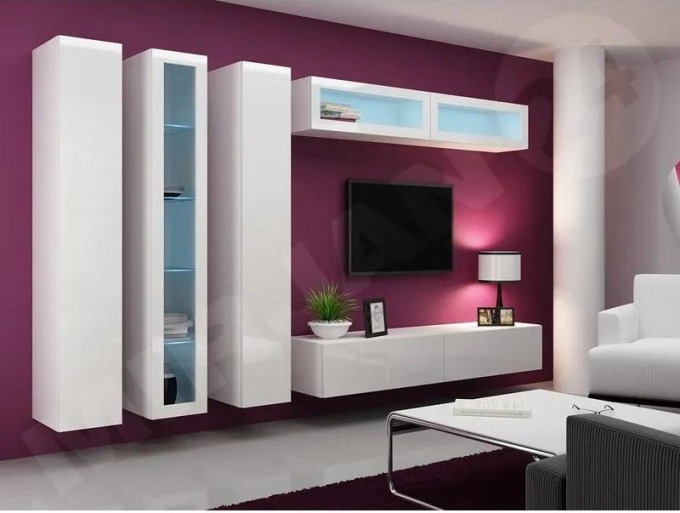 Obývací stěna Zigo VI, Osvětlení: osvětlení LED - bílé, Barva: bílá / bílá lesk