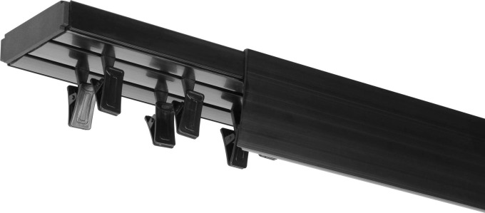 Stropní kolejnice z PVC dvouřadá černé s krytem, délka 350 cm, typ přichycení žabky - diskrétní a ekonomická volba pro moderní interiéry