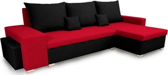 Rozkládací rohová sedací souprava s funkcí spaní a úložným prostorem na ložní soupravu, červená/černá, spolu s dvěma taburety