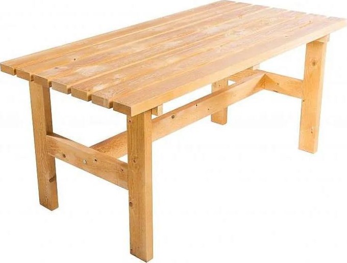 Masivní dřevěný zahradní stůl s povrchovou úpravou lazurou, vyrobený z masivního smrkového dřeva, dodávaný v demontu s montážním návodem, rozměry 150 x 68 cm