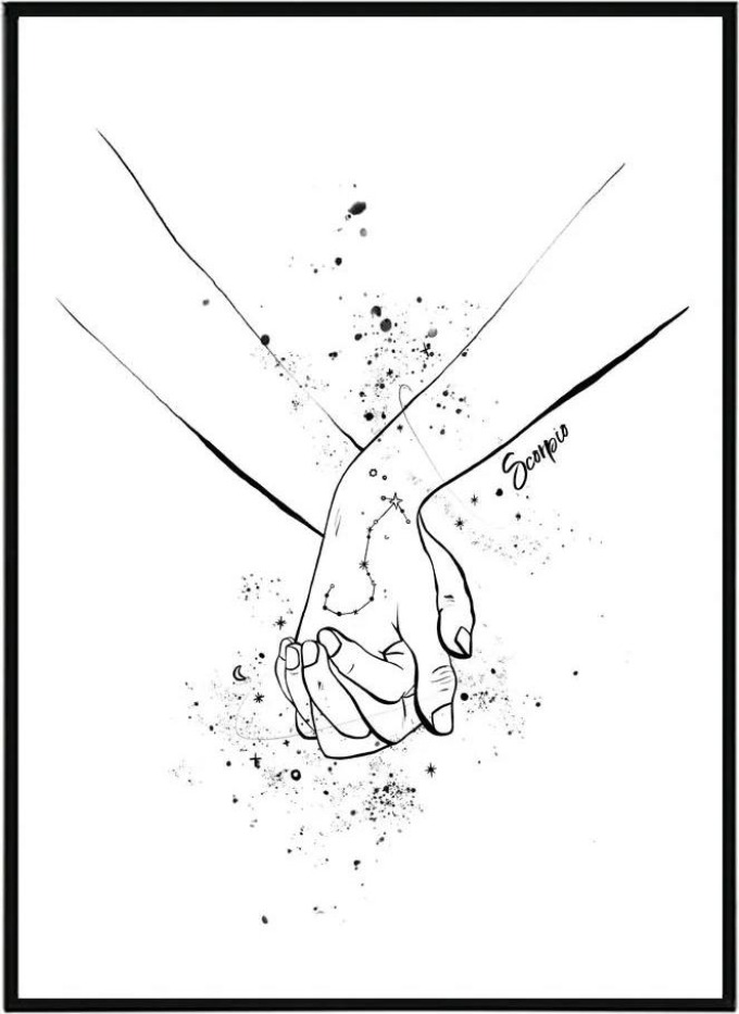 Obraz se spojenými rukama a znamením Štíra, dostupný ve velikostech 30x40 cm a 50x70 cm, bez rámu