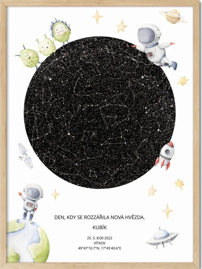 Hvězdná mapa Vašeho životního okamžiku Rozměr plakátu: 30 x 40 cm, Barva pozadí: Kosmonaut, Volba rámu: Lípa dřevěný rám