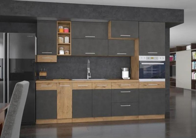Kuchyňe Woodline III, Barva: Dub lancelot / matera, Osvětlení: osvětlení LED - bílé, Dřez: ano