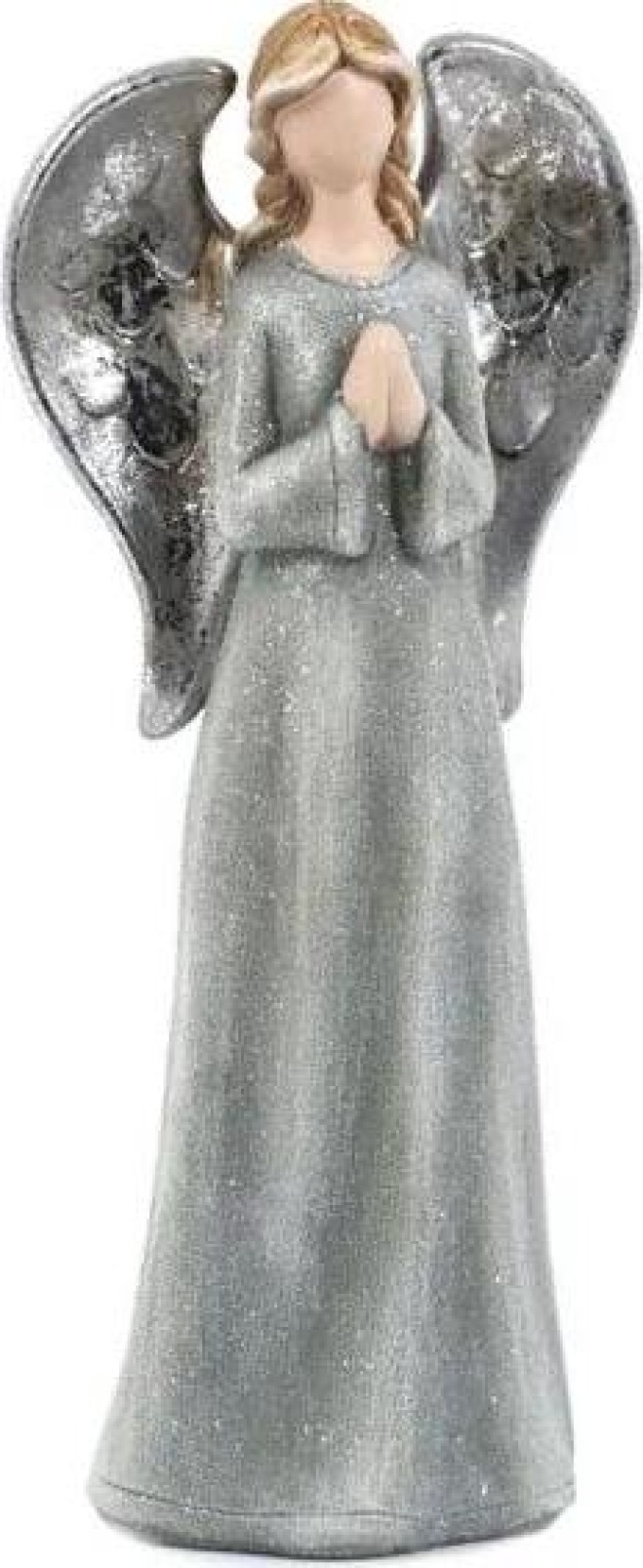 Třpytivý šedý anděl o velikosti 26 cm