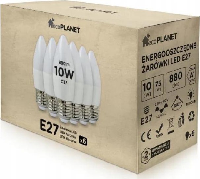 6x LED žárovka - ecoPLANET - E27 - 10W - svíčka - 880Lm - neutrální bílá
