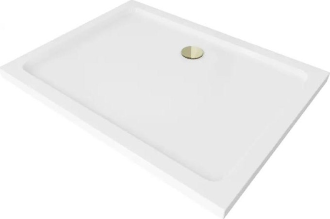 Mexen Flat obdélníková vanička do sprchového koutu slim 80 x 70 cm, Bílá, sifon Zlatá - 40107080G