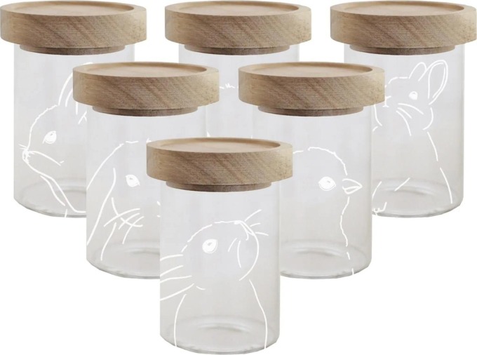 Eulenschnitt Skleněná dóza s víkem Mini Glass/Oak Easter - set 6 ks, čirá barva, přírodní barva, sklo, dřevo
