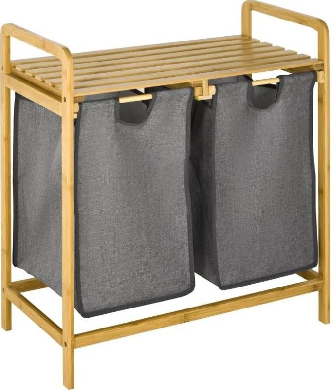 HOMCOM Koš na prádlo dvojitý, bambus a polyester, 63,5 x 33 x 73 cm