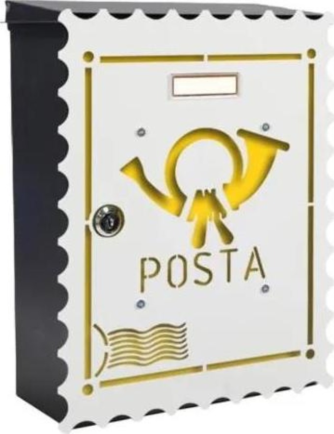 Poštovní schránka s výměnným krytem a jmenovkou, známka, vzhled krytu: bílá, přední dvířka: žlutá, tělo schránky: šedá