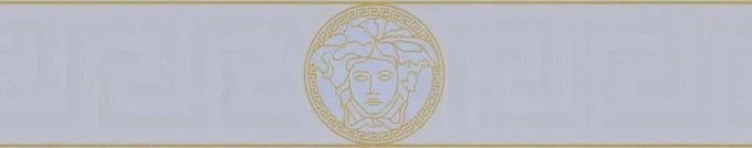 Vliesové bordury na zeď Versace III 93522-5, rozměr 5 m x 13 cm, hlava medúzy zlato-stříbrná s řeckým klíčem, A.S. Création