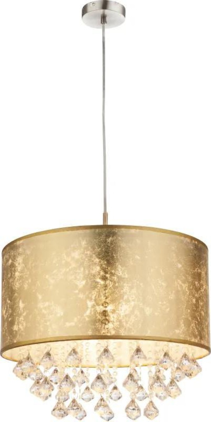Závěsné svítidlo s matně niklovým kovem, textilním zlatým stínidlem a akrylovými křišťály, o průměru 40 cm a výšce 140 cm, bez žárovky