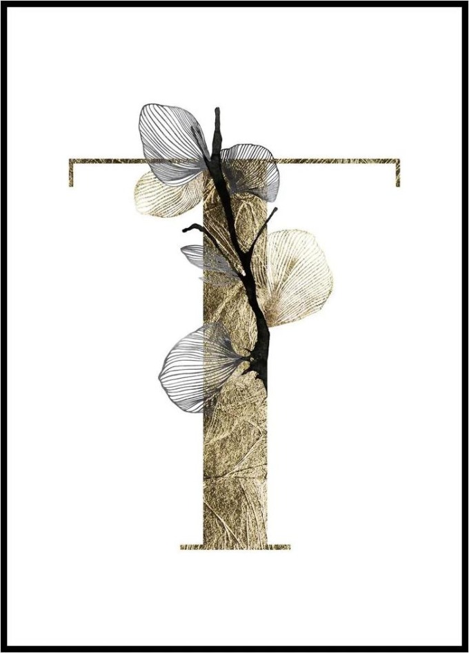 Plakát První písmeno jména - zlatá Rozměr plakátu: 50 x 70 cm, Materiál plakátu: 200 g papír, Pozadí: Bílá, Písmeno: T