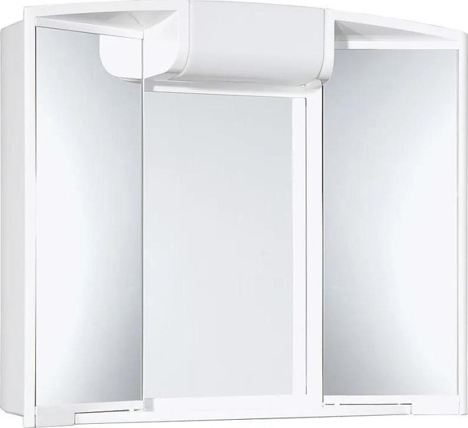 Plastová zrcadlová skříňka s rozměry 59 cm x 50 cm x 15 cm, bílá barva, s úspornou žárovkou E14 LED 9W - 11W (žárovka není součástí balení) a uzemněnou zásuvkou 220V, vhodná pro koupelny se stupněm krytí IP21