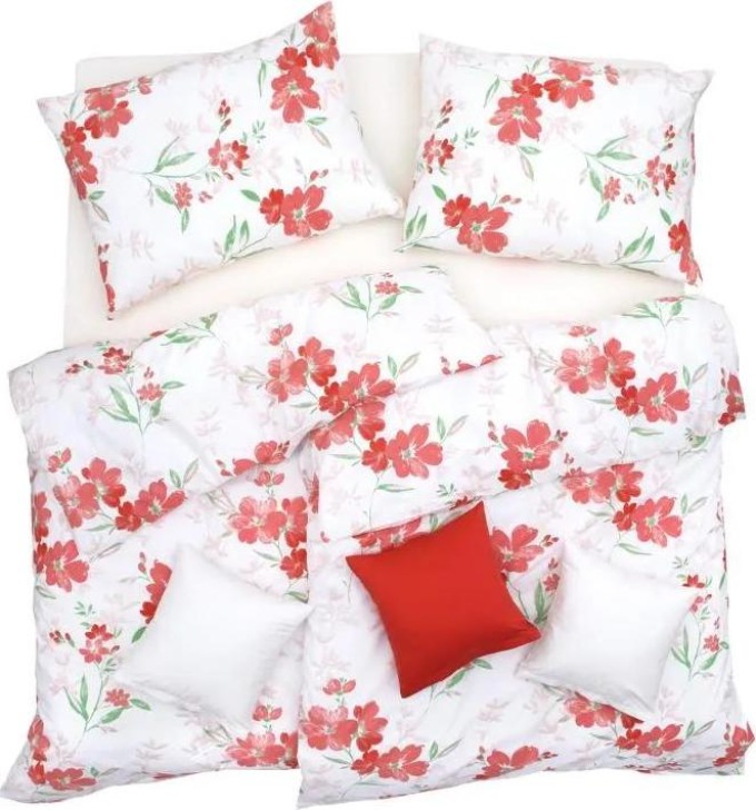 SCANquilt povlečení KLASIK botanica bíločervená 140 x 200/70 x 90 cm